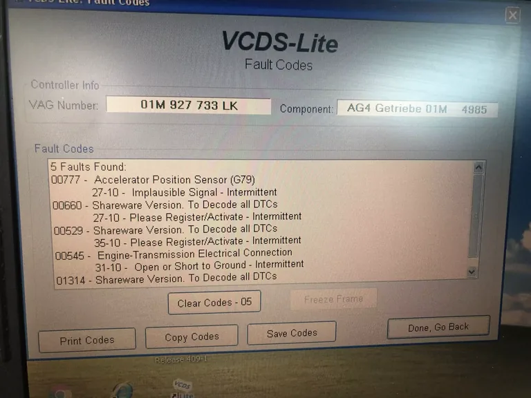 VCDS automatic-transmission fault codes.