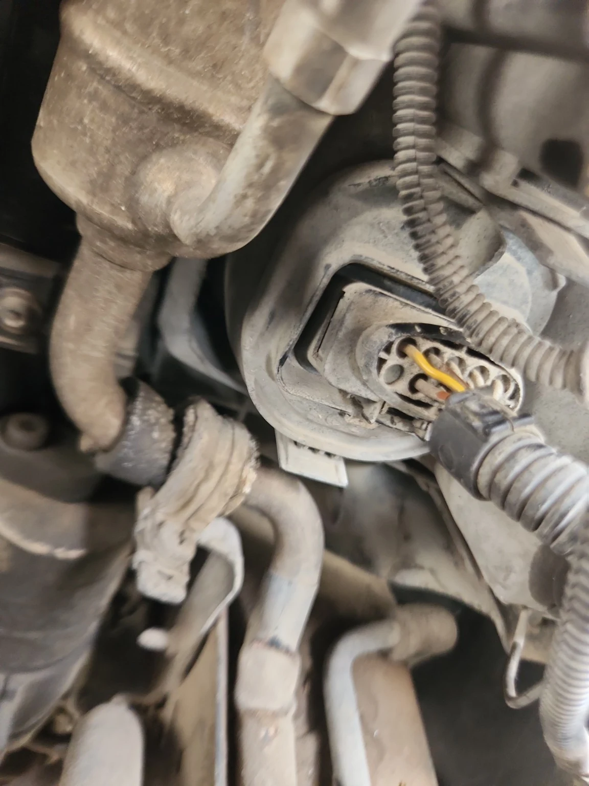 Headlight connector and wiring area inspected before the repair.